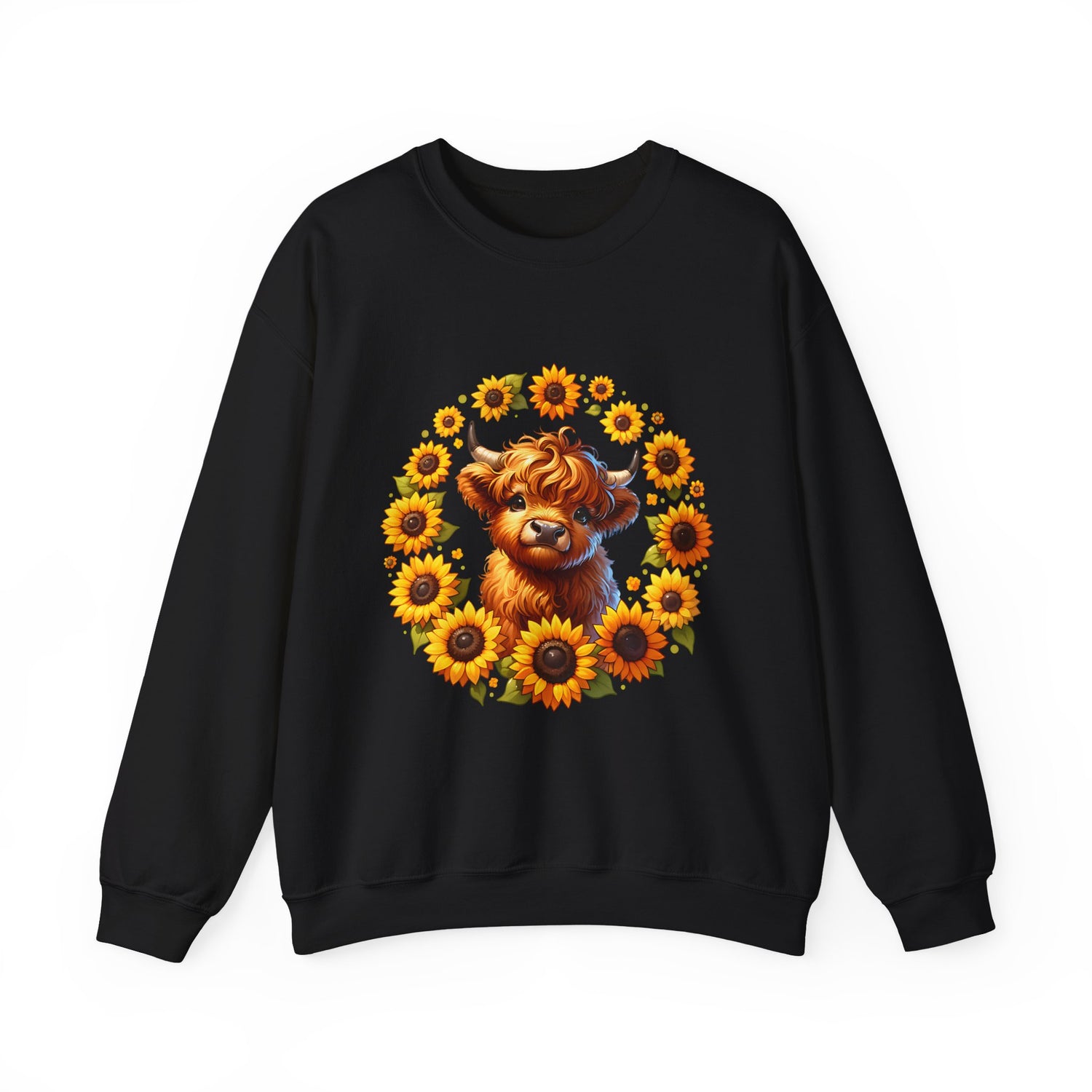Sunflower Highland Cow Crewneck Sweatshirt — Cute Cow Floral Pullover