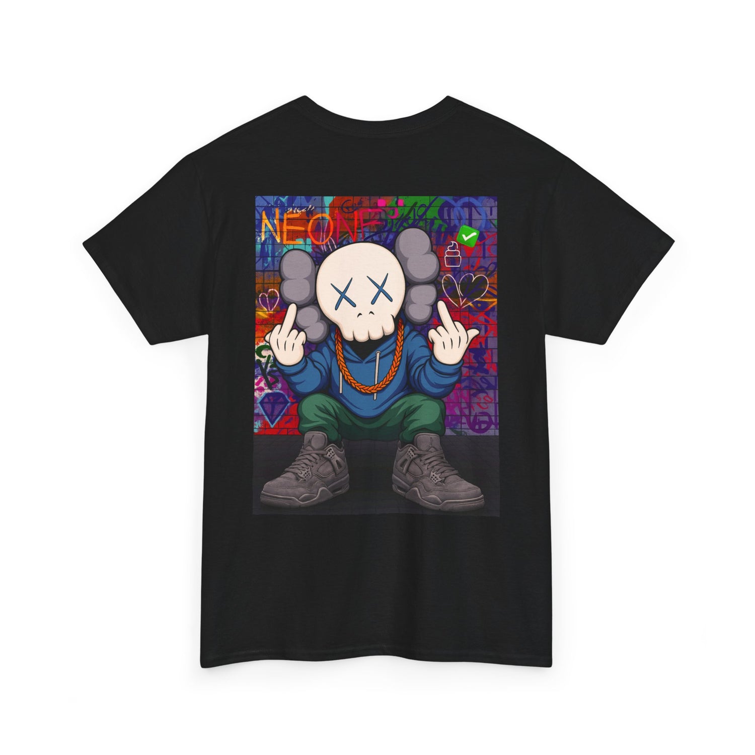 Graffiti Skull Character Tee | Street Art Middle Finger Pose