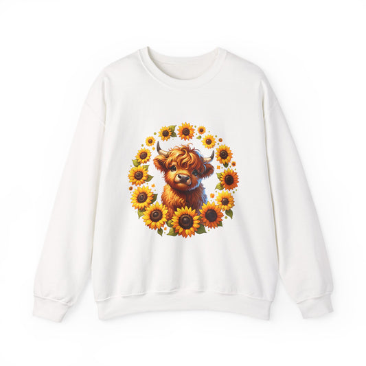 Sunflower Highland Cow Crewneck Sweatshirt — Cute Cow Floral Pullover