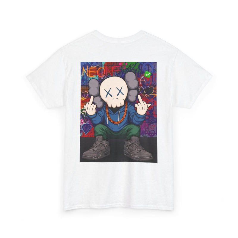 Graffiti Skull Character Tee | Street Art Middle Finger Pose