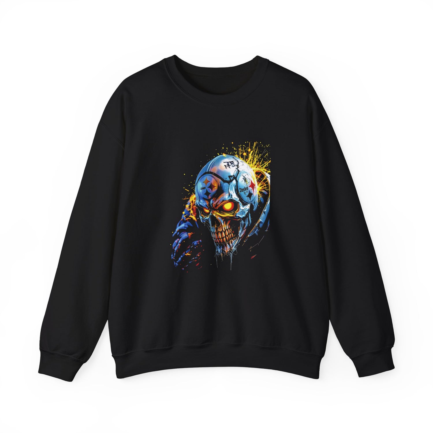 Exploding Cyber Skull Pittsburgh Steelers Sweatshirt | Neon Horror Skull Crewneck