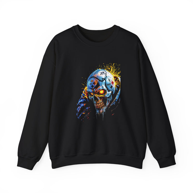 Exploding Cyber Skull Pittsburgh Steelers Sweatshirt | Neon Horror Skull Crewneck