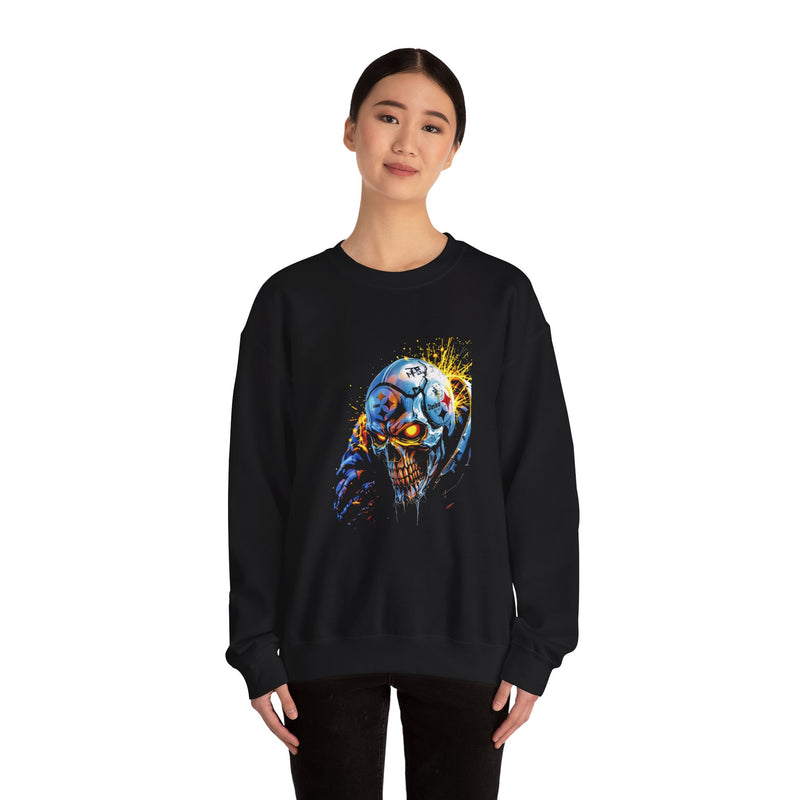 Exploding Cyber Skull Pittsburgh Steelers Sweatshirt | Neon Horror Skull Crewneck