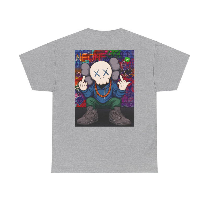 Graffiti Skull Character Tee | Street Art Middle Finger Pose